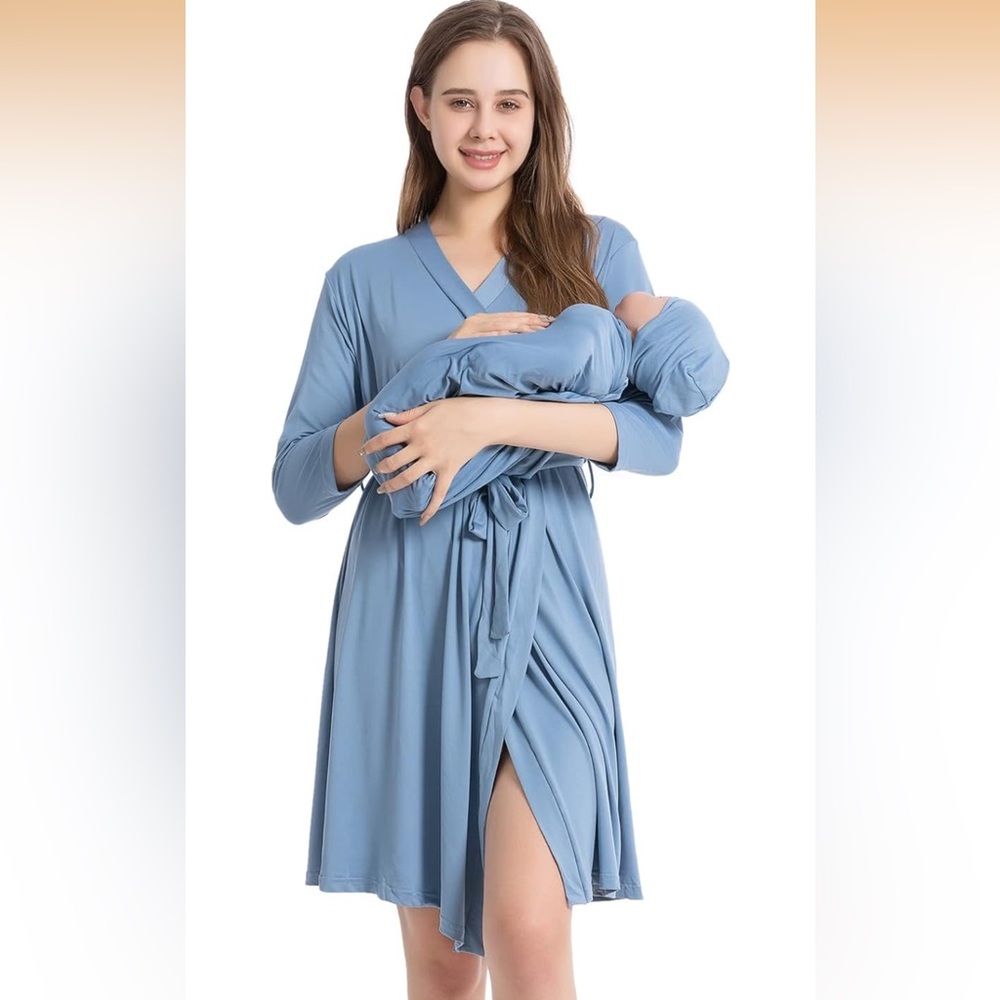 Maternity robe and swaddle and baby hat